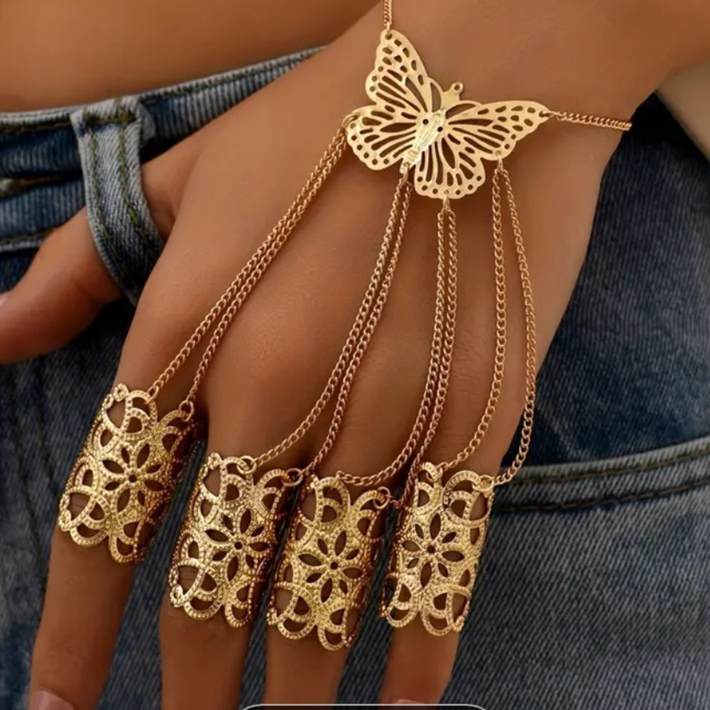 Gold butterfly ring bracelet 18k gold plated Bollywood style - Picture 1 of 3